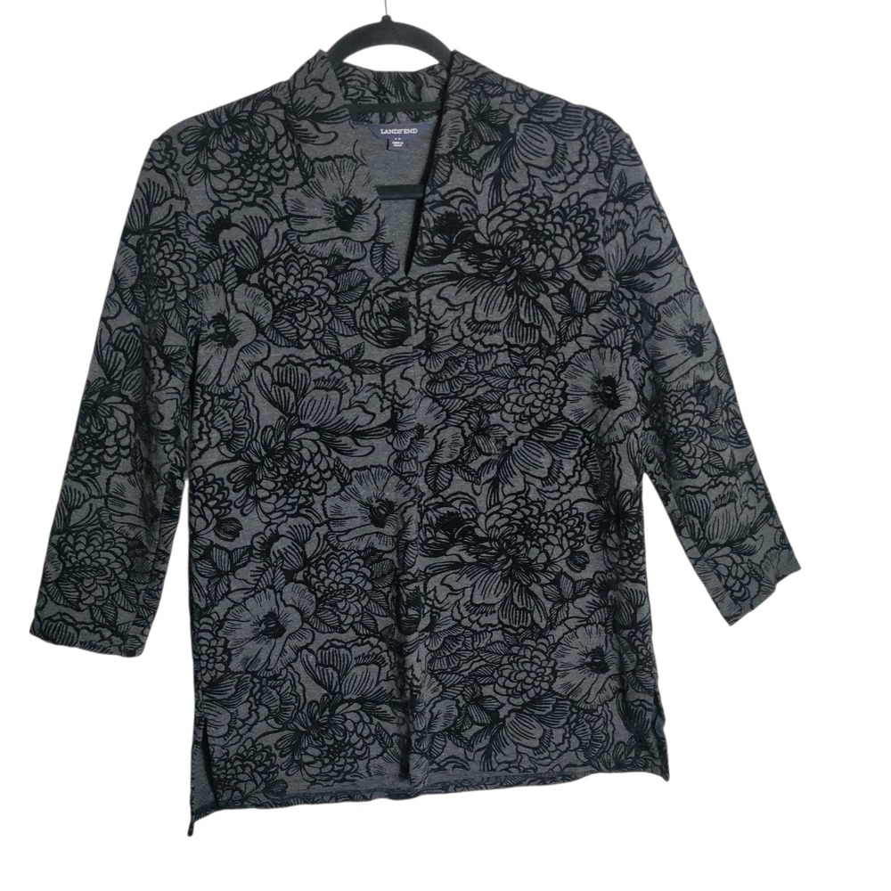 Lands End Womens Grey Black Floral 3/4 Sleeve Tunic Top Split Neck Size S‎ 6-8